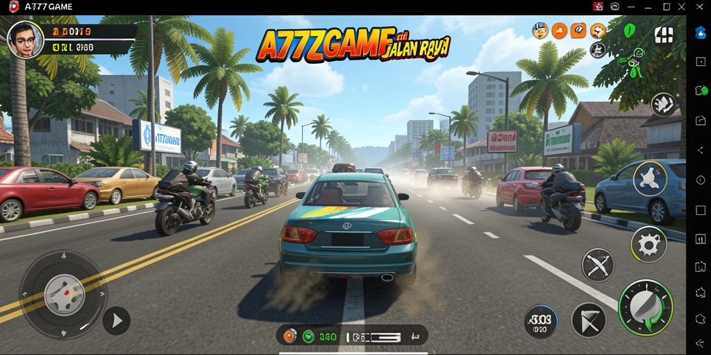 Screenshot A777GAME menampilkan aksi balapan yang mendebarkan dalam mobil sport.