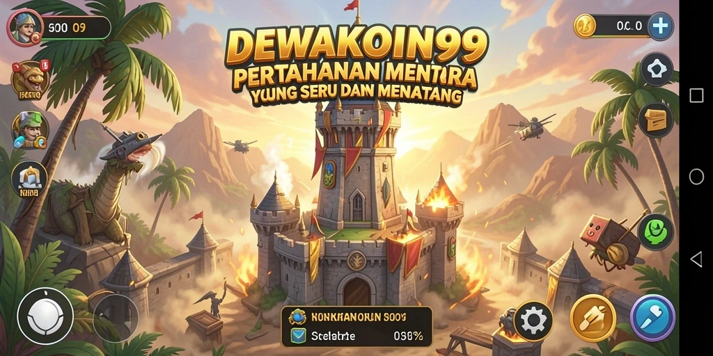 Tampilan gameplay <strong>DEWAKOIN99</strong> dengan menara dan musuh yang beragam.