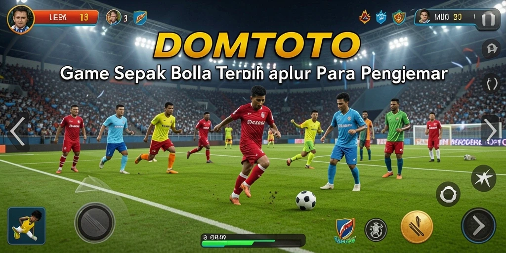 Screenshot utama DOMTOTO menunjukkan aksi seru di lapangan sepak bola.