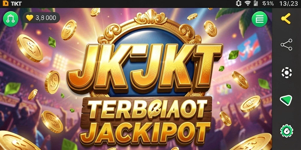 Screenshot utama JKTJKT menunjukkan keseruan gameplay Slot yang menampilkan putaran dan simbol berkemenangan.