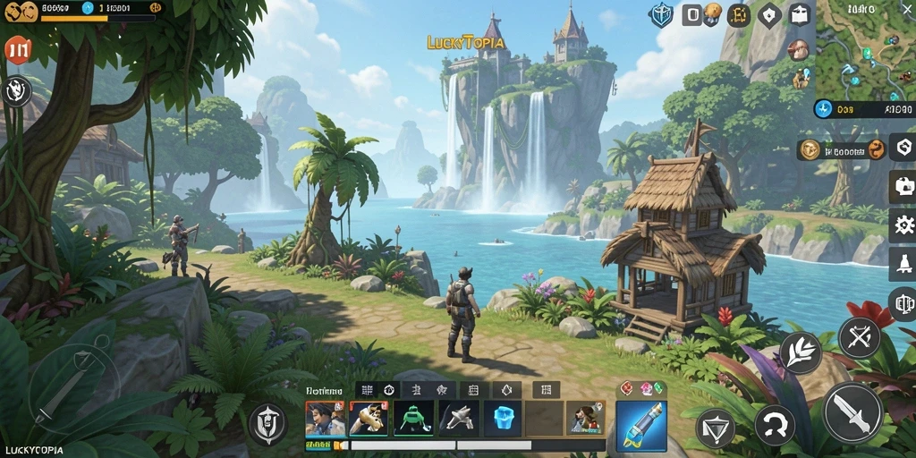 Screenshot gameplay <strong>LUCKYTOPIA</strong> yang menunjukkan keindahan dunia terbuka.