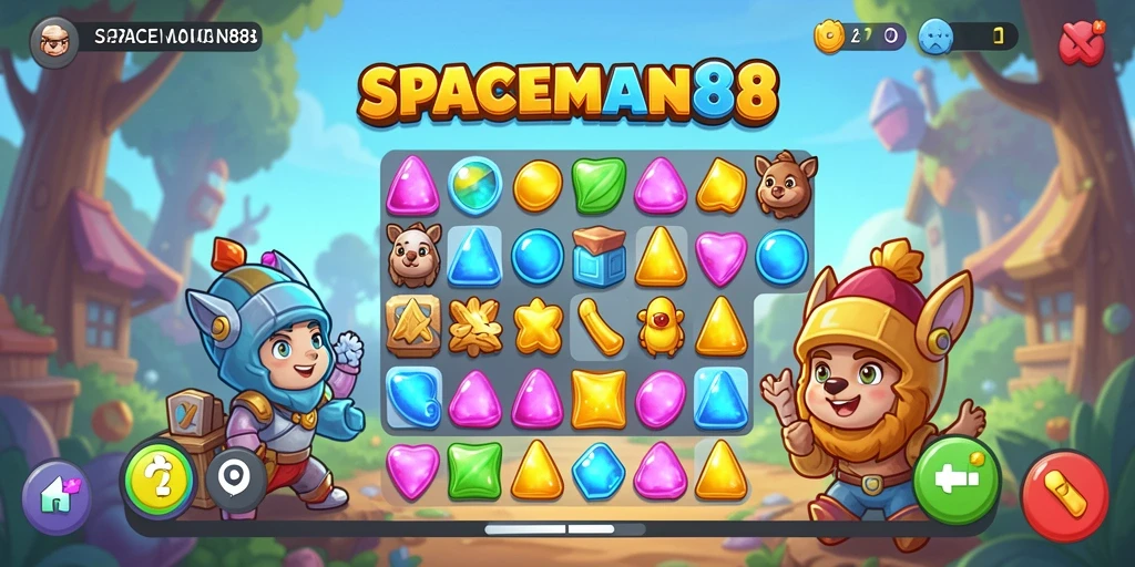 Gameplay seru SPACEMAN88 dengan tantangan Match-3 yang mendebarkan.