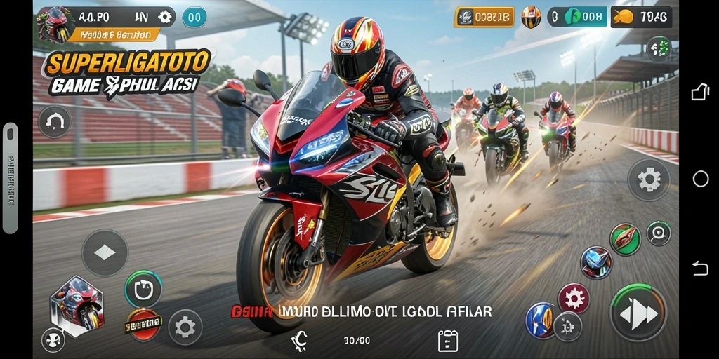 Screenshot gameplay SUPERLIGATOTO menampilkan balapan motor yang mendebarkan dan penuh aksi.